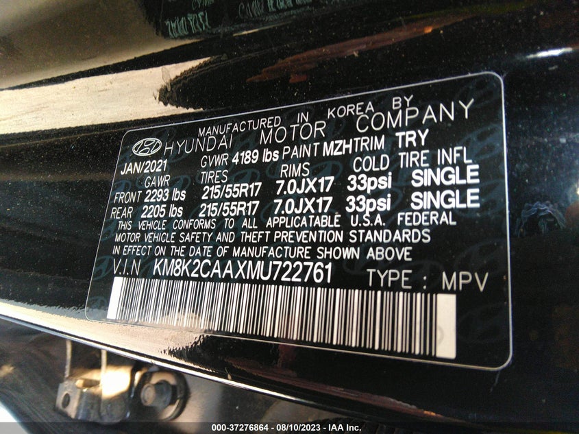 VIN KM8K2CAAXMU722761 2021 HYUNDAI KONA SEL