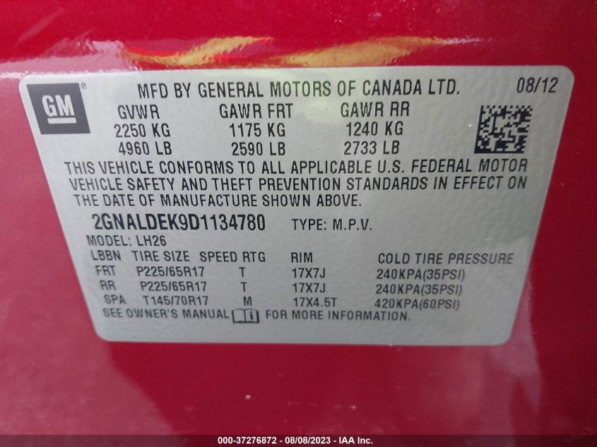 2013 CHEVROLET EQUINOX LT - 2GNALDEK9D1134780