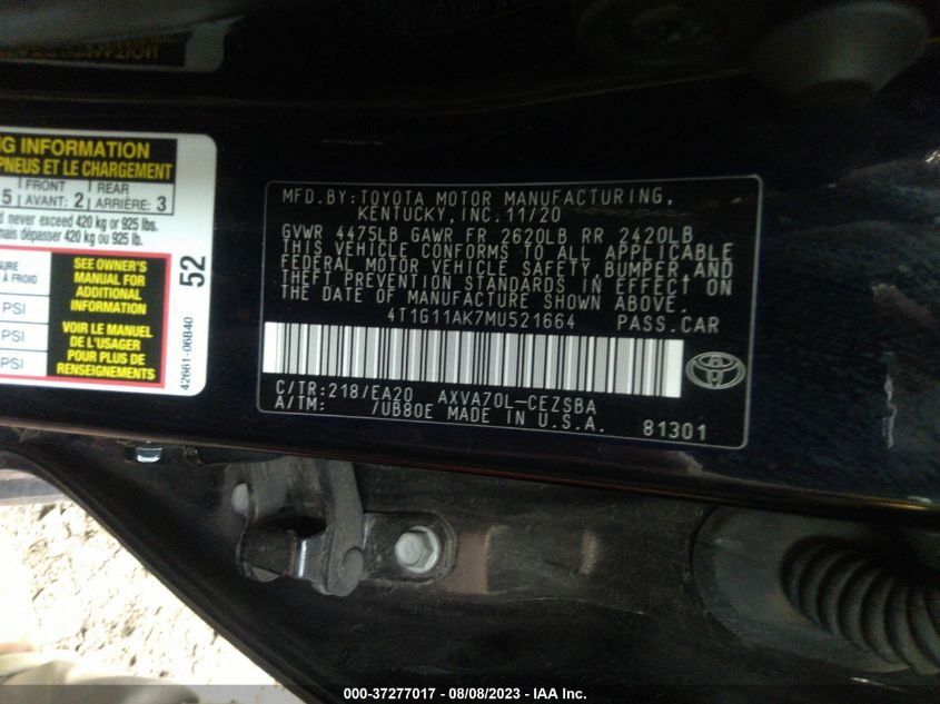 2021 TOYOTA CAMRY SE - 4T1G11AK7MU521664