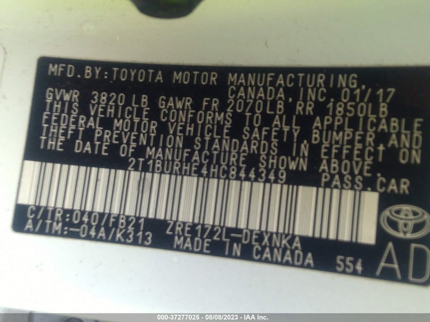 VIN 2T1BURHE4HC844349 2017 TOYOTA COROLLA L/LE/XLE/SE