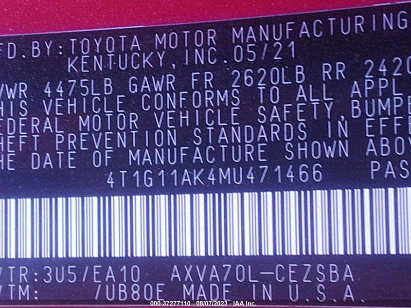 2021 TOYOTA CAMRY SE - 4T1G11AK4MU471466