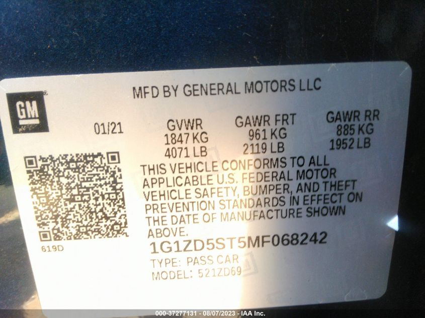 2021 CHEVROLET MALIBU LT - 1G1ZD5ST5MF068242