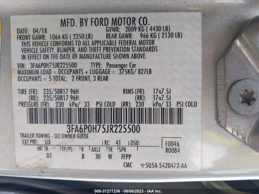 2018 FORD FUSION SE - 3FA6P0H75JR225500