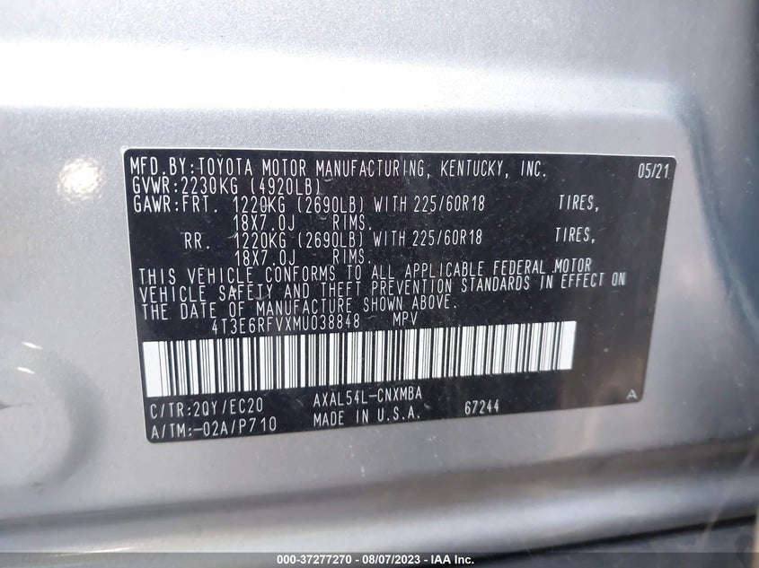 VIN 4T3E6RFVXMU038848 2021 TOYOTA RAV4 HYBRID XSE