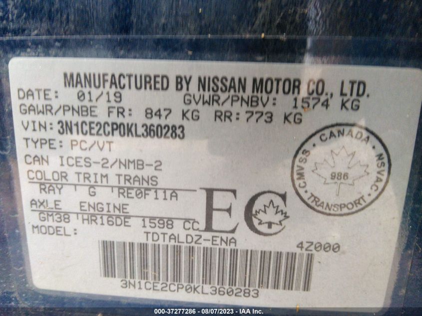 2019 NISSAN VERSA NOTE S/SV - 3N1CE2CP0KL360283