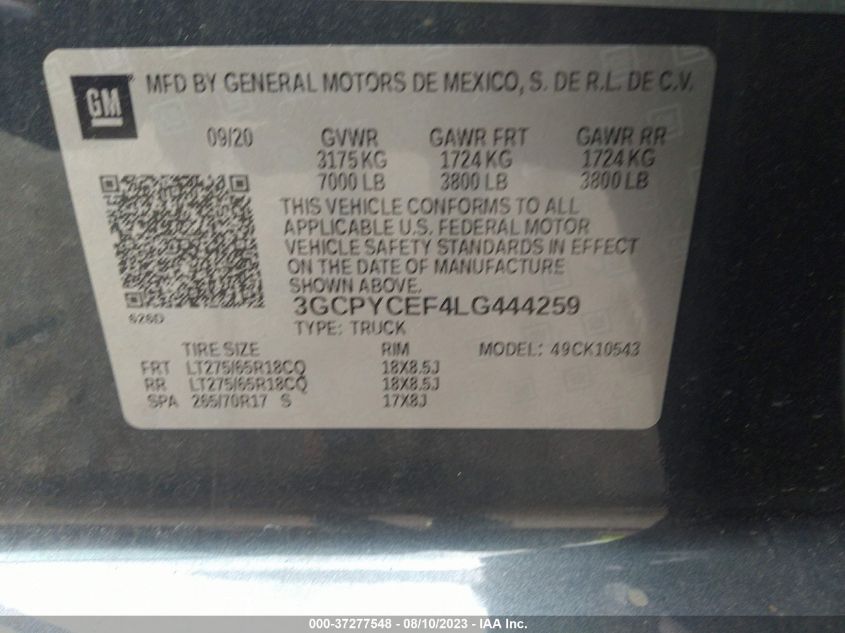 2020 CHEVROLET SILVERADO 1500 CUSTOM TRAIL BOSS - 3GCPYCEF4LG444259