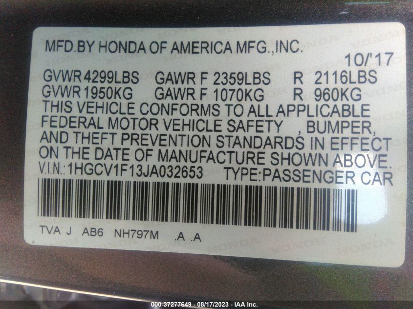 2018 HONDA ACCORD SEDAN LX 1.5T - 1HGCV1F13JA032653