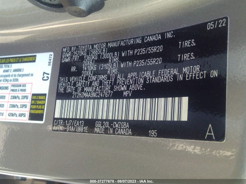 2022 LEXUS RX RX 350 - 2T2HZMAA9NC247677