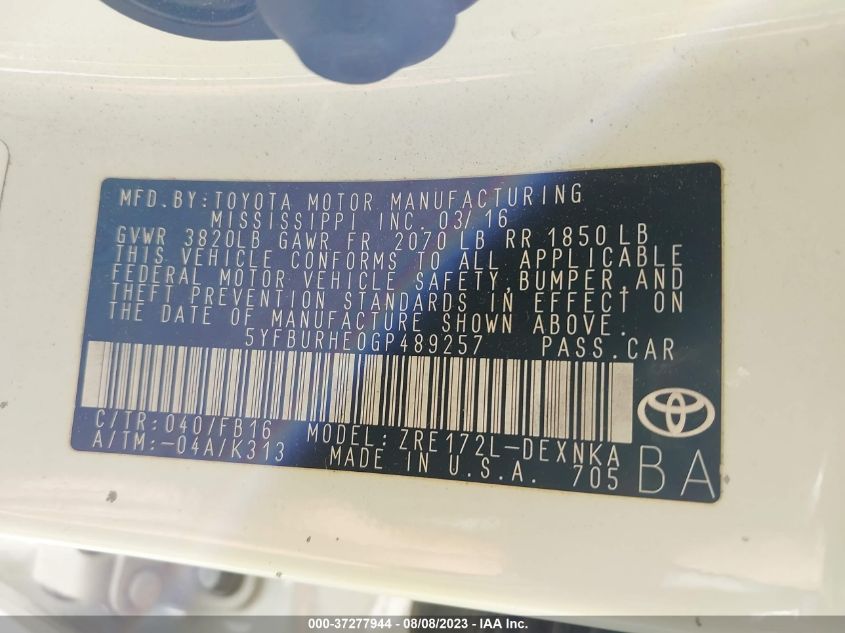 2016 TOYOTA COROLLA L/LE/S/S PLUS/LE PLUS - 5YFBURHE0GP489257