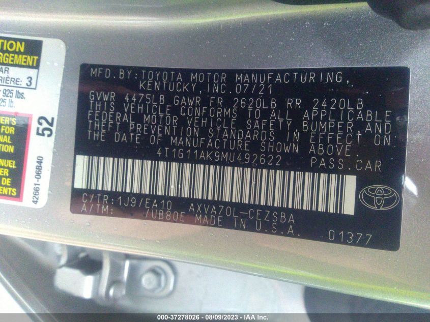 2021 TOYOTA CAMRY SE - 4T1G11AK9MU492622
