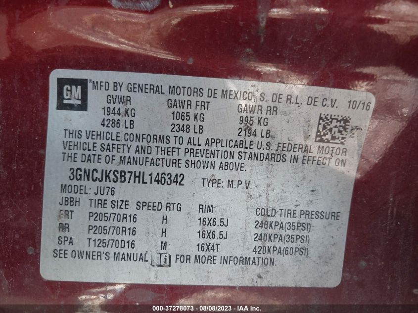 2017 CHEVROLET TRAX LS - 3GNCJKSB7HL146342