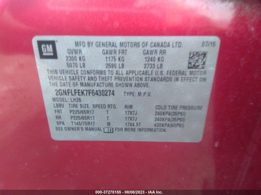 2015 CHEVROLET EQUINOX LT - 2GNFLFEK7F6430274