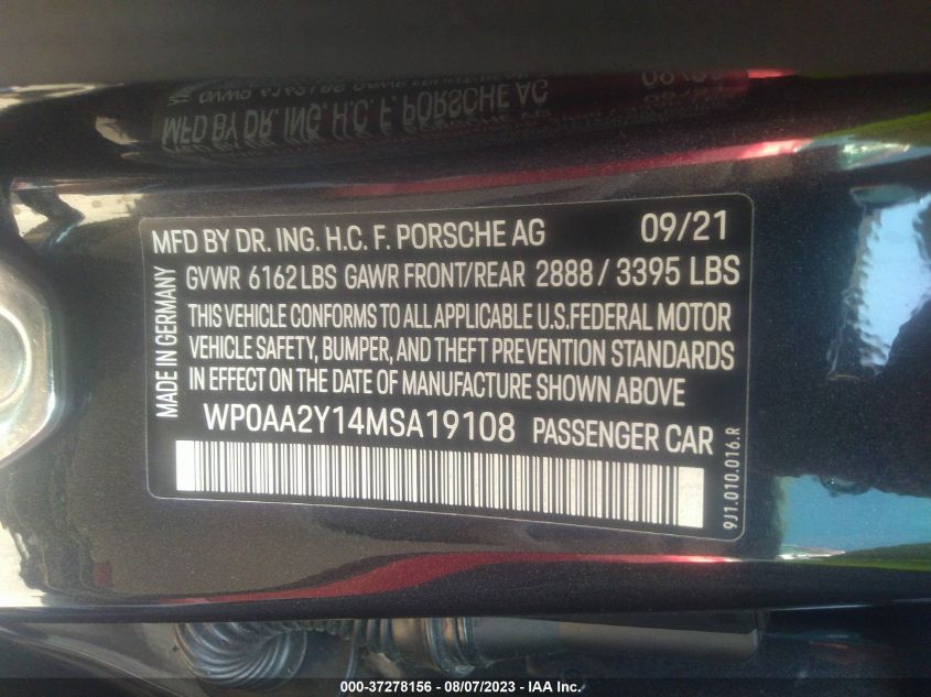 2021 PORSCHE TAYCAN WP0AA2Y14MSA19108