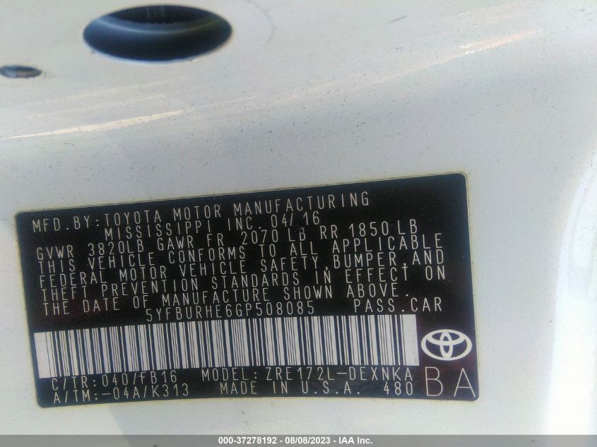 2016 TOYOTA COROLLA L/LE/LE PLS/PRM/S/S PLS - 5YFBURHE6GP508085