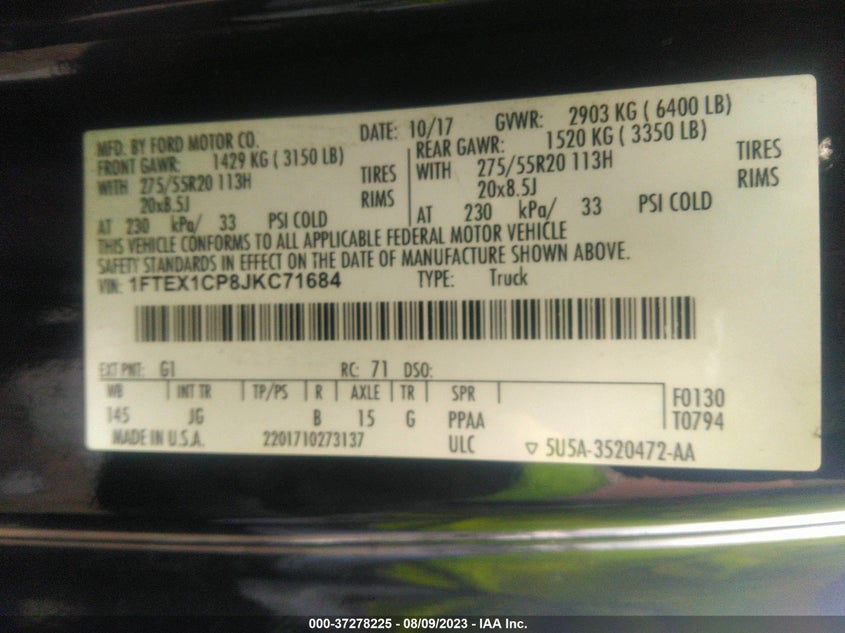 VIN 1FTEX1CP8JKC71684 2018 FORD F-150 XL/XLT/LARIAT