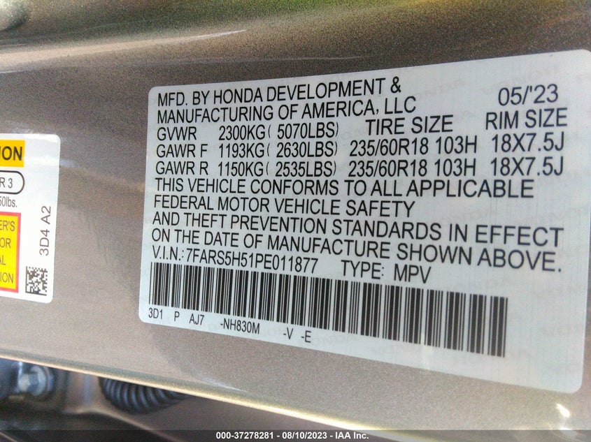VIN 7FARS5H51PE011877 2023 HONDA CR-V HYBRID SPORT