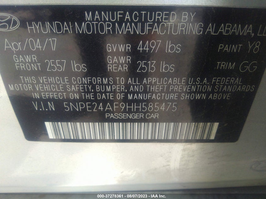 VIN 5NPE24AF9HH585475 2017 HYUNDAI SONATA 2.4L