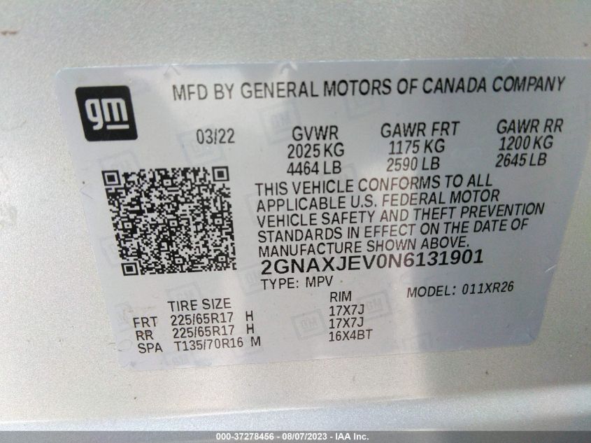 2022 CHEVROLET EQUINOX LT - 2GNAXJEV0N6131901