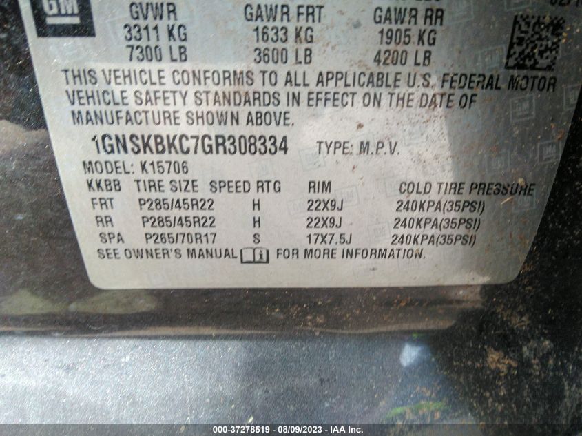 2016 CHEVROLET TAHOE LT - 1GNSKBKC7GR308334