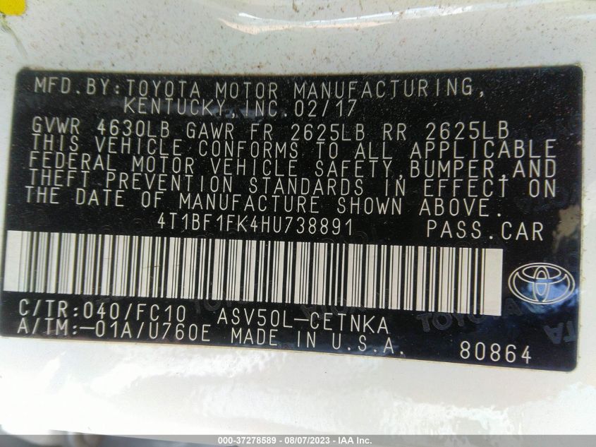 2017 TOYOTA CAMRY XLE/SE/LE/XSE - 4T1BF1FK4HU738891