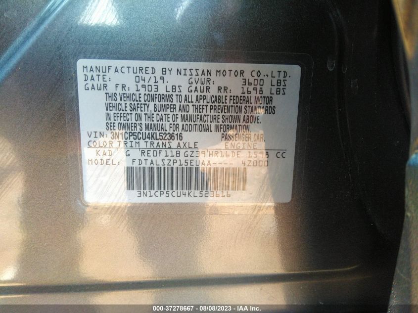 2019 NISSAN KICKS SV - 3N1CP5CU4KL523616