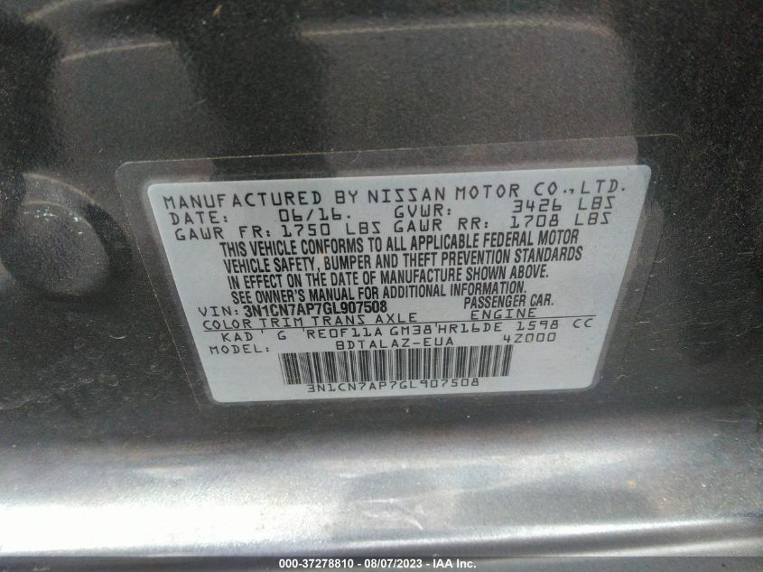 2016 NISSAN VERSA S PLUS - 3N1CN7AP7GL907508