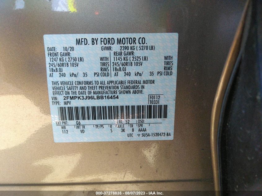 2FMPK3J96LBB16454 2020 FORD EDGE, photo no. 9