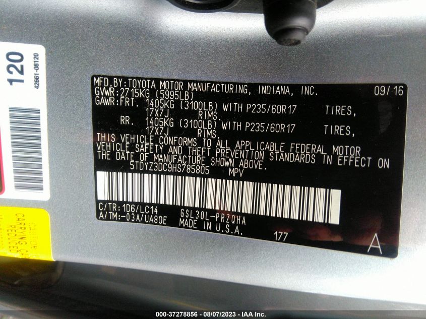 2017 TOYOTA SIENNA XLE AUTO ACCESS - 5TDYZ3DC9HS785805