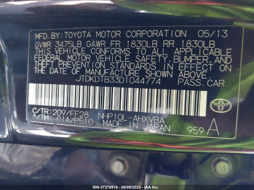 2013 TOYOTA PRIUS C ONE/TWO/THREE/FOUR - JTDKDTB33D1044774