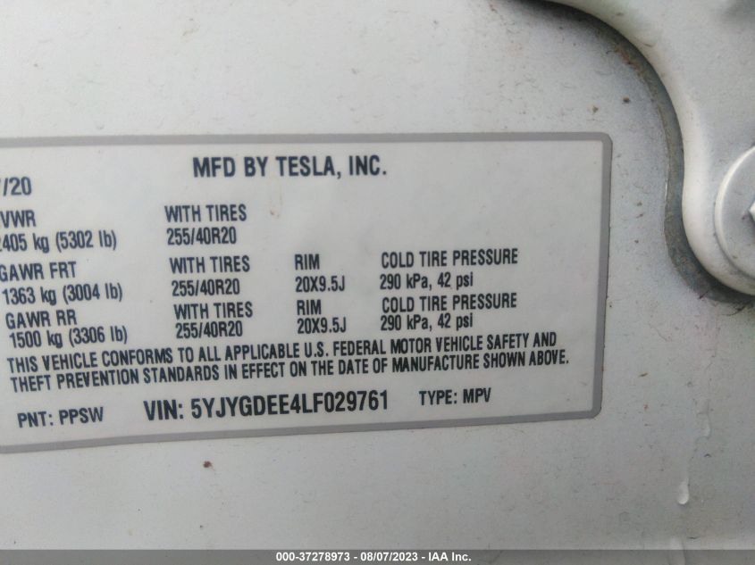 2020 TESLA MODEL Y LONG RANGE - 5YJYGDEE4LF029761