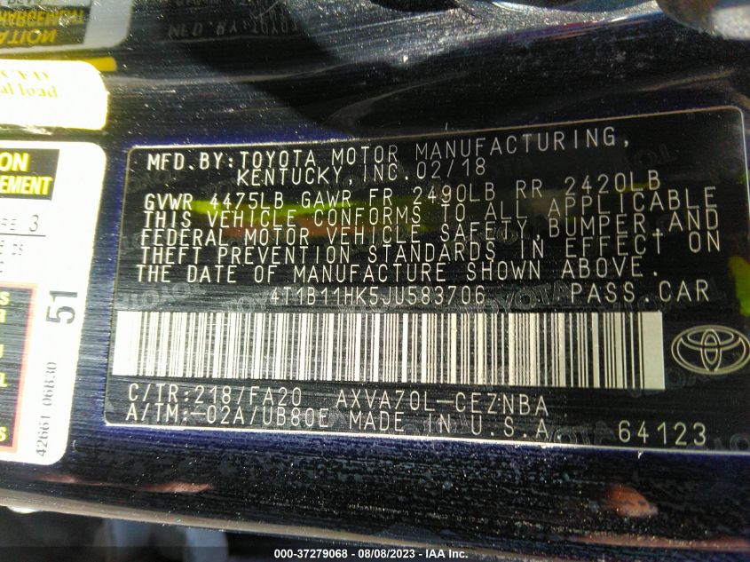 2018 TOYOTA CAMRY LE/SE/XLE/L - 4T1B11HK5JU583706