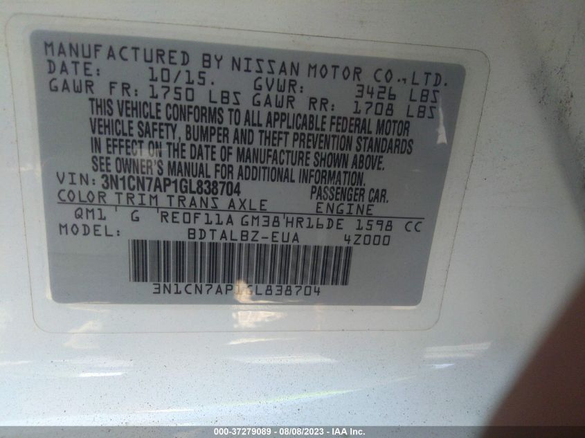 2016 NISSAN VERSA SV - 3N1CN7AP1GL838704