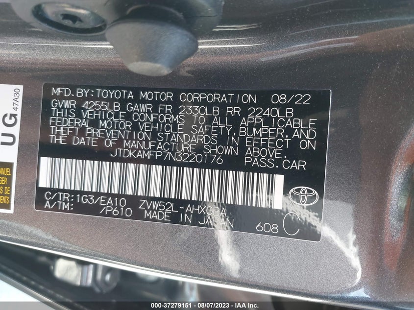 VIN JTDKAMFP7N3220176 2022 TOYOTA PRIUS PRIME XLE
