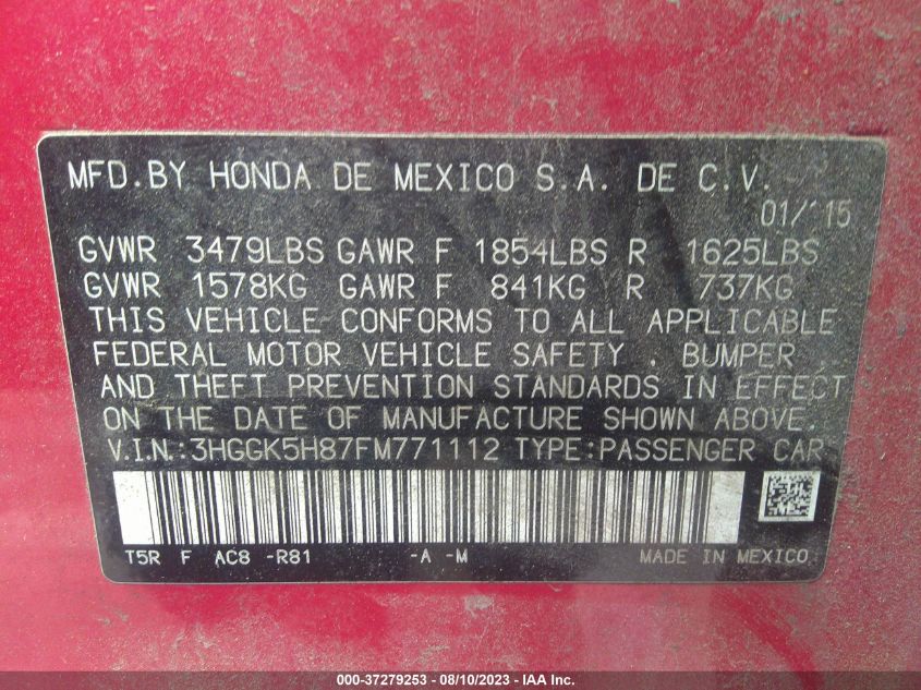 2015 HONDA FIT EX-L/EX - 3HGGK5H87FM771112