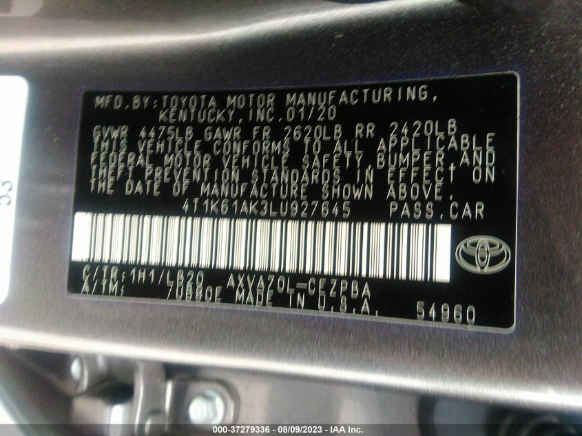 2020 TOYOTA CAMRY XSE - 4T1K61AK3LU927645