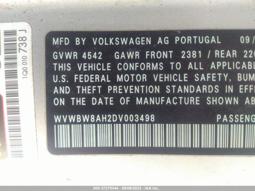 2013 VOLKSWAGEN EOS SPORT WVWBW8AH2DV003498