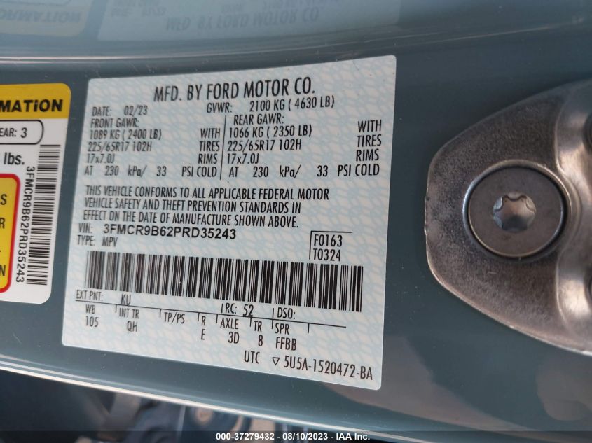 VIN 3FMCR9B62PRD35243 2023 FORD BRONCO SPORT BIG BEND
