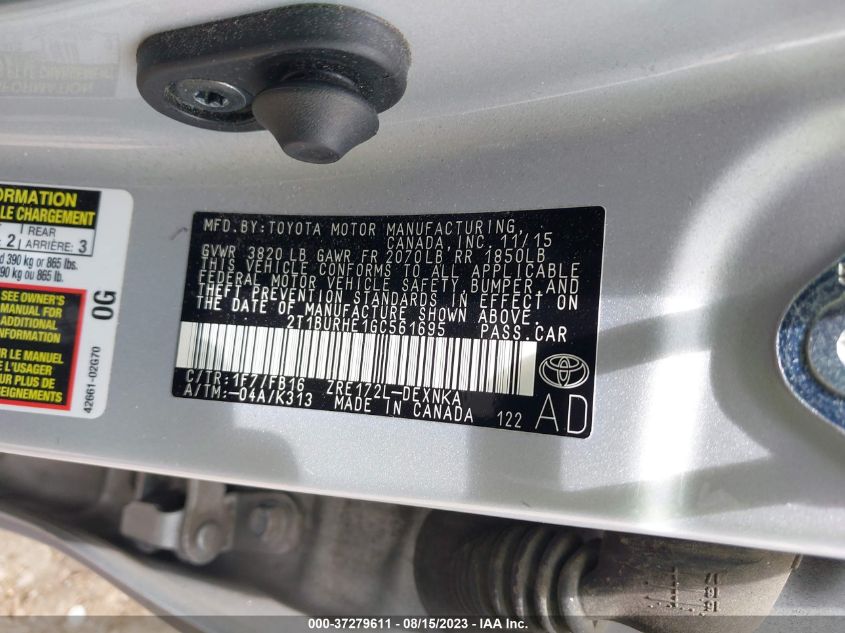 2016 TOYOTA COROLLA L/LE/S/S PLUS/LE PLUS - 2T1BURHE1GC561695