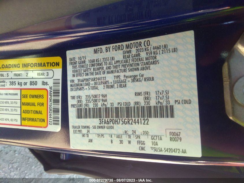 2016 FORD FUSION SE - 3FA6P0H75GR244122