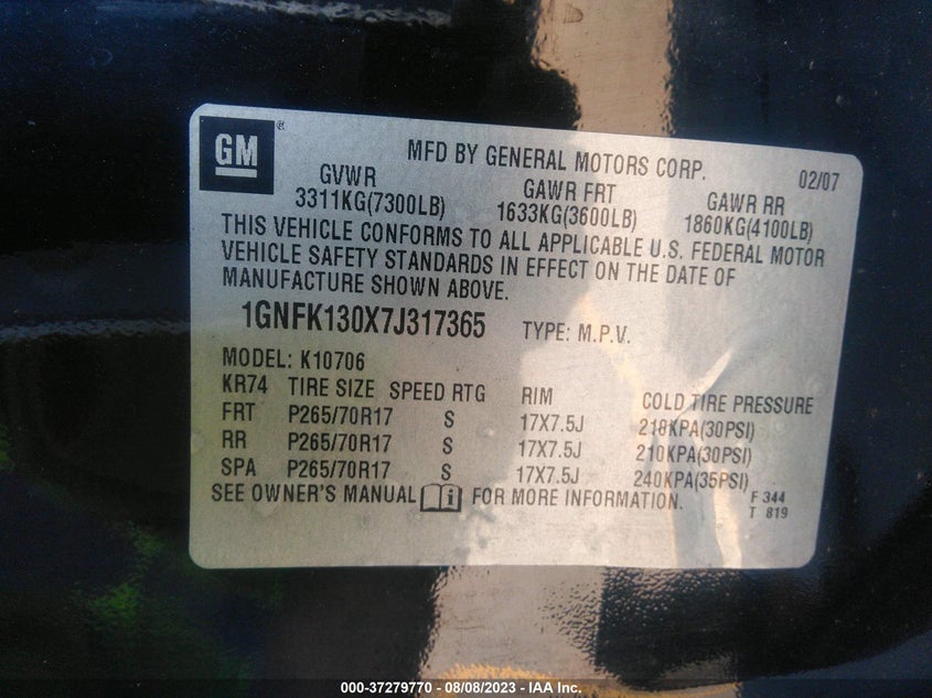 CHEVROLET TAHOE 2007 VIN 1GNFK130X7J317365