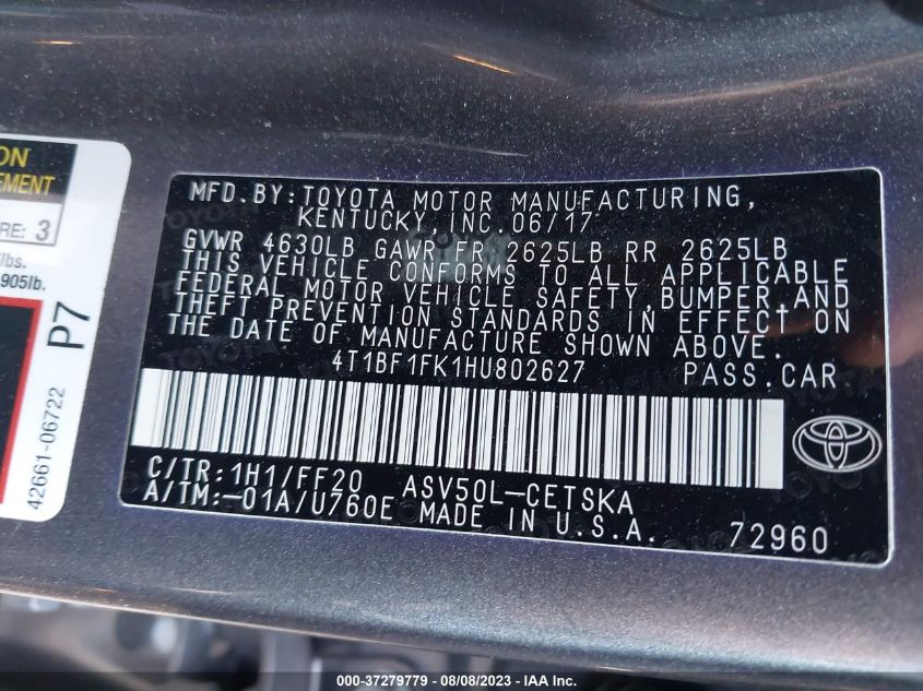 2017 TOYOTA CAMRY XLE/SE/LE/XSE - 4T1BF1FK1HU802627