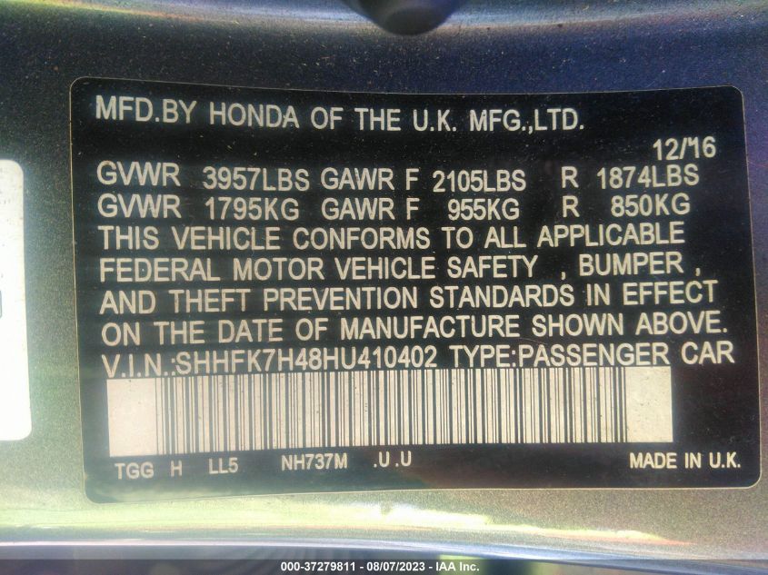 2017 HONDA CIVIC HATCHBACK SPORT - SHHFK7H48HU410402