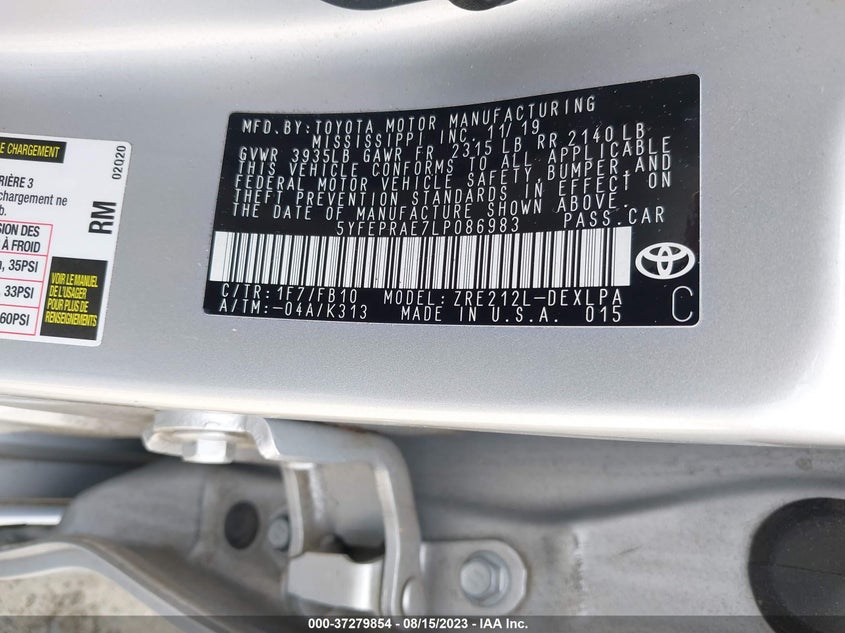 VIN 5YFEPRAE7LP086983 2020 TOYOTA COROLLA LE