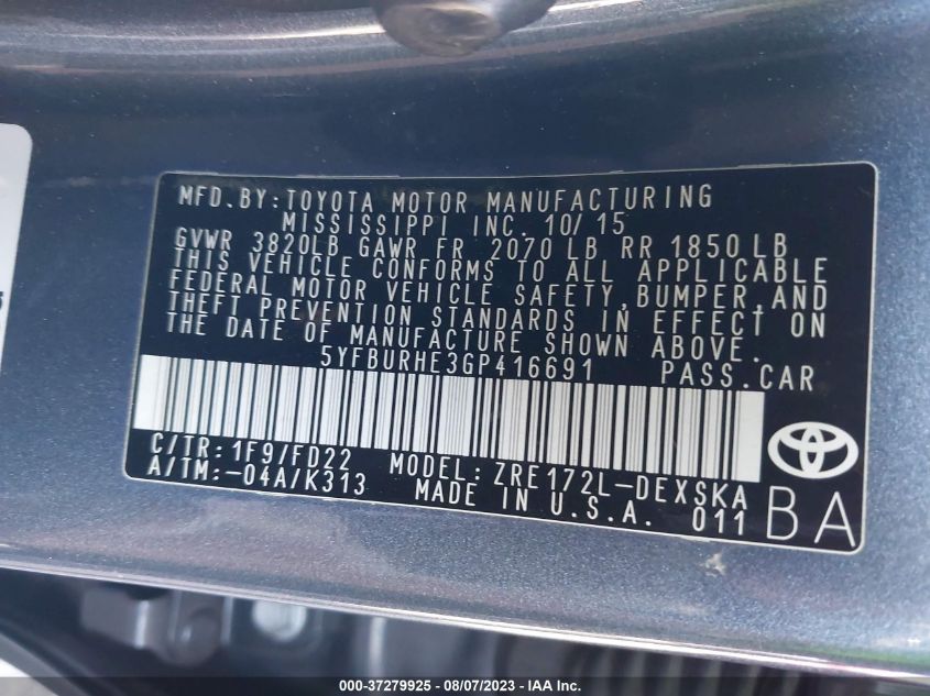 2016 TOYOTA COROLLA L/LE/S/S PLUS/LE PLUS - 5YFBURHE3GP416691