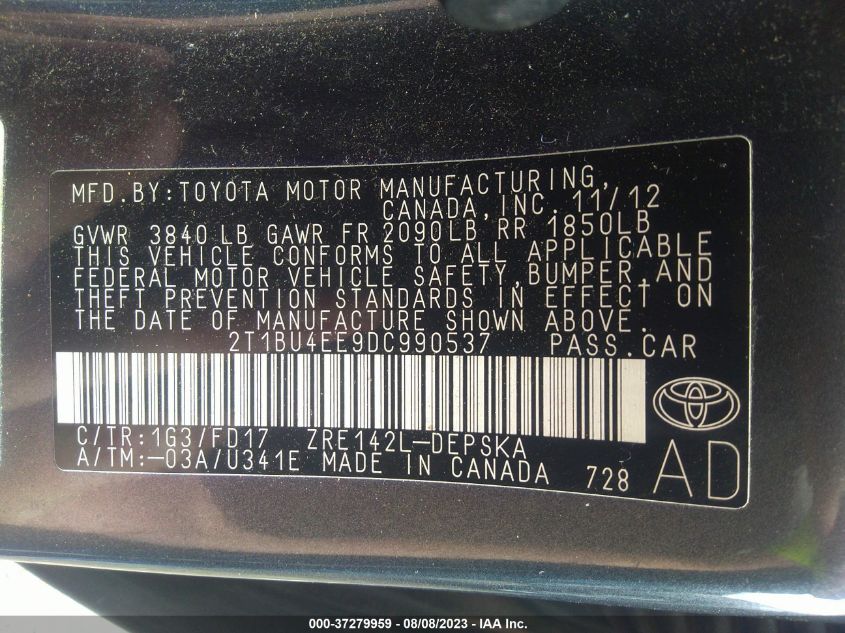 2013 TOYOTA COROLLA L/LE/S - 2T1BU4EE9DC990537