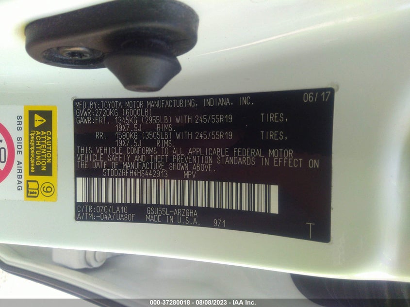 VIN 5TDDZRFH4HS442913 2017 TOYOTA HIGHLANDER LIMITED