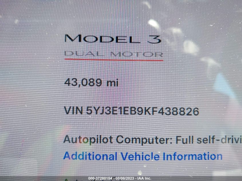 2019 TESLA MODEL 3 LONG RANGE/PERFORMANCE - 5YJ3E1EB9KF438826