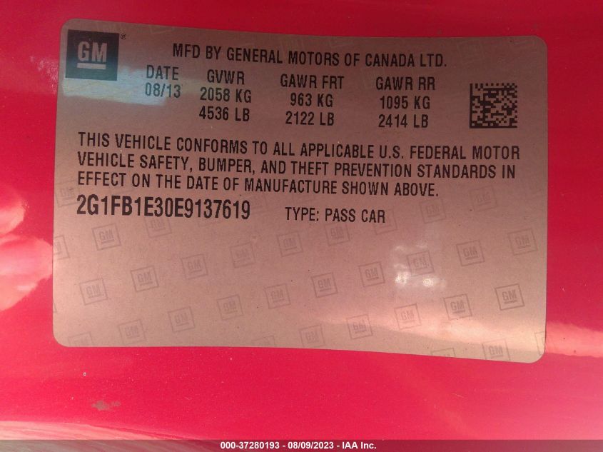2014 CHEVROLET CAMARO LT - 2G1FB1E30E9137619