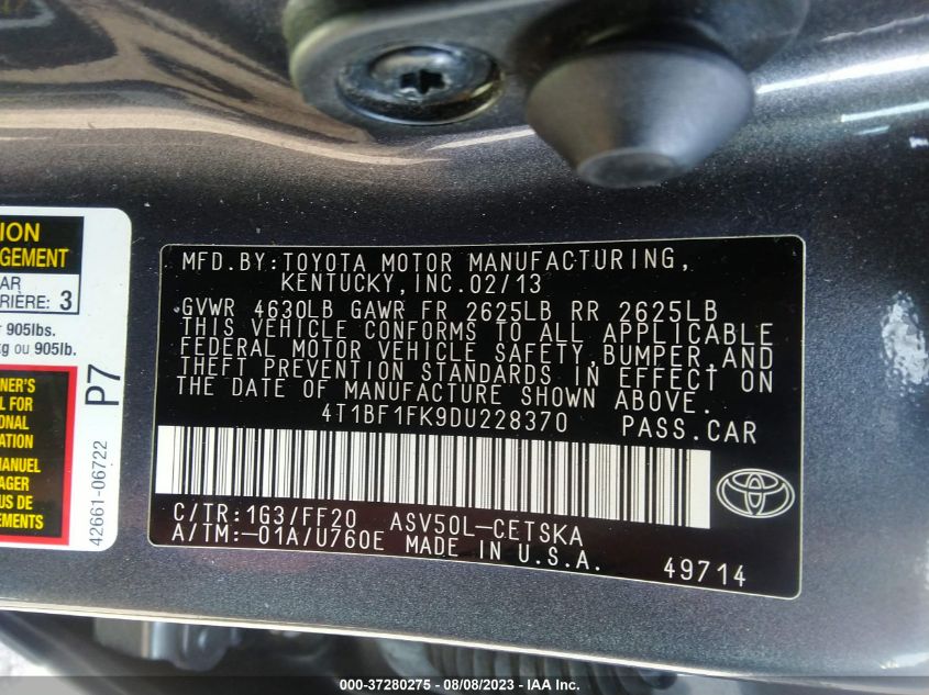 2013 TOYOTA CAMRY L/LE/SE/XLE - 4T1BF1FK9DU228370
