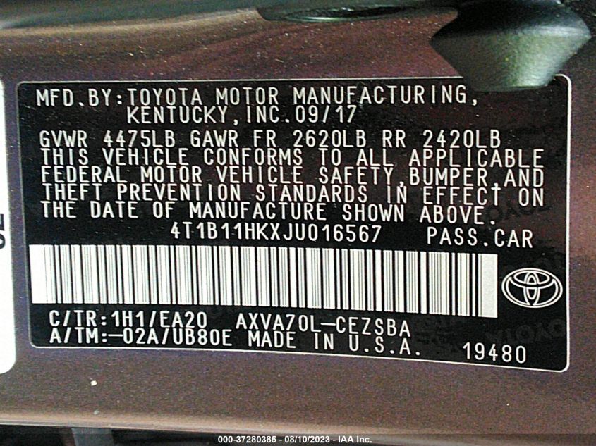 2018 TOYOTA CAMRY LE/SE/XLE/L - 4T1B11HKXJU016567